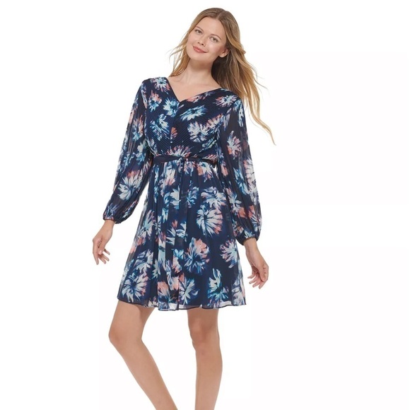 DKNY Pleated Balloon-Sleeve Dress navy pink size 2 - Picture 1 of 13